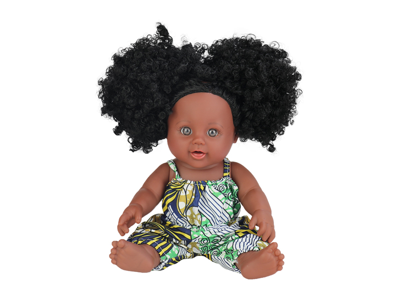 12 Inch Vinyl African Double Ponytail Black Doll+Fancy Suspender Pants
