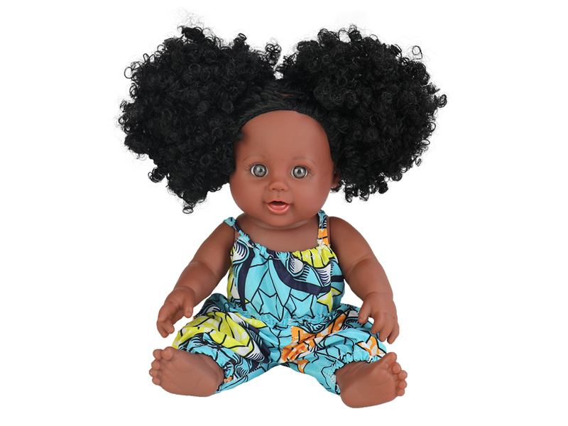 12 Inch Vinyl African Double Ponytail Black Doll+Fancy Suspender Pants