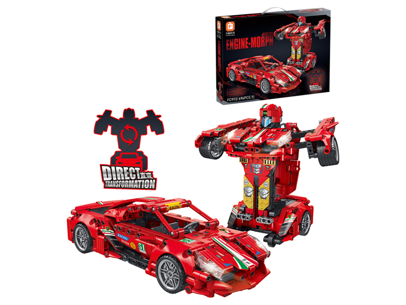 Red Pull Back Direct Transformation Vehicle Building Block 696Pcs