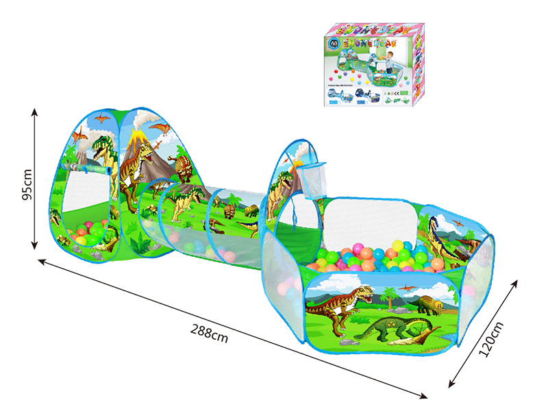 3 In 1 Dinosaur Play Tent + Crawl Tunnel + Ball Pool With Basketball Hoop + 60 Balls