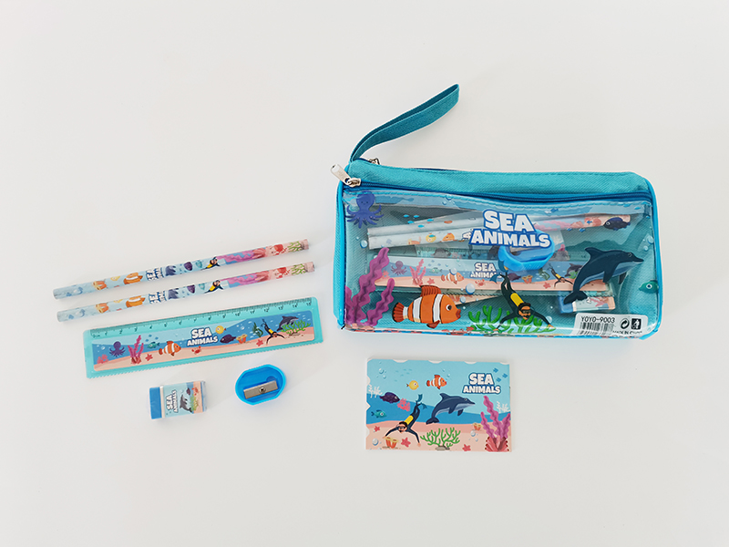 Dual Zipper Pen Bag Stationery Bag (2 Pencils +1 Pencil Sharpener +1 Eraser +1 Ruler + 1 Notebook)Sea Animals