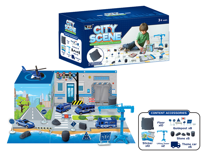 Plastic Pull Back Police Car DIY Assembly City Scene Set