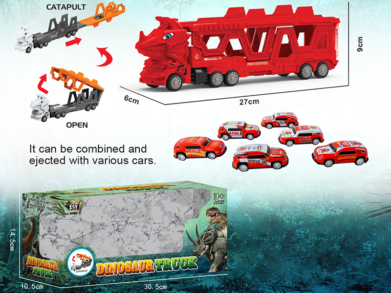 Friction Folding Ejection Triceratops Carrier Truck With Fire Engine