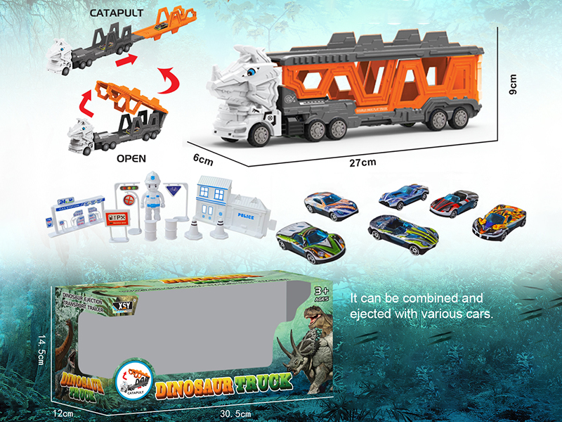 Friction Folding Ejection Triceratops Carrier Truck With City Cars And Accessories