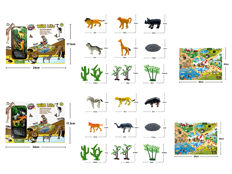 2-Inch Wild Animals 5pcs + Stone + Coconut Tree + Cactus + Bamboo Tree + Games Map