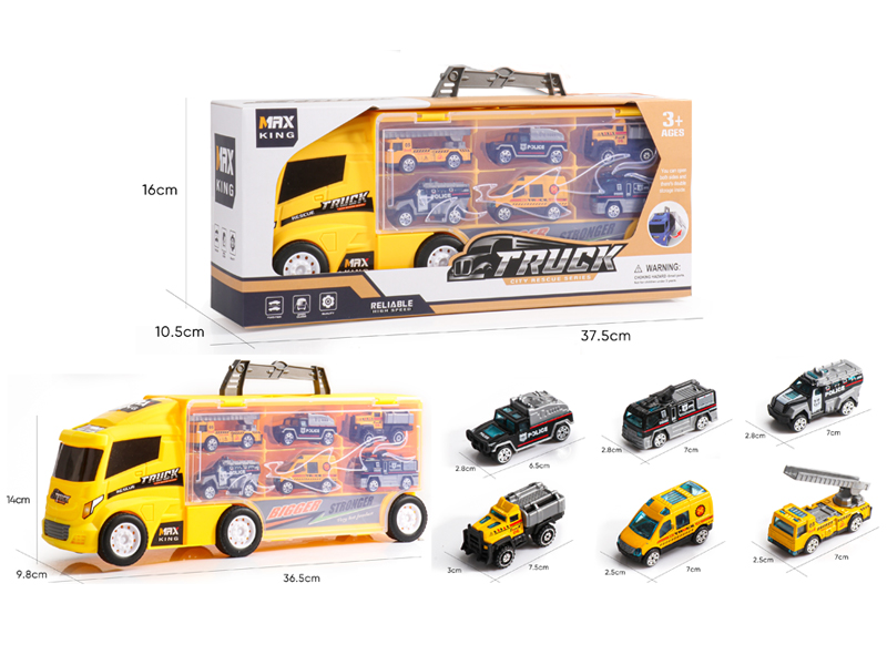 Slide Container Trailer With 3 Slide Alloy Engineering Vehicle+3 Slide Alloy Police Vehicle