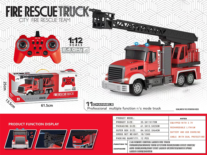 1:12 2.4G 11Ch R/C Sprinkler Ladder Fire Truck With Light And Music