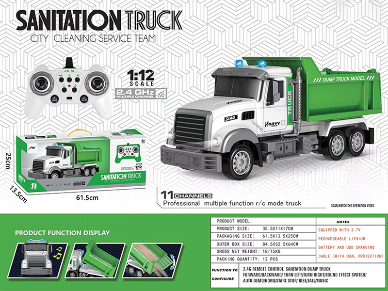 1:12 2.4G 11Ch R/C Sanitation Dump Truck With Light And Music