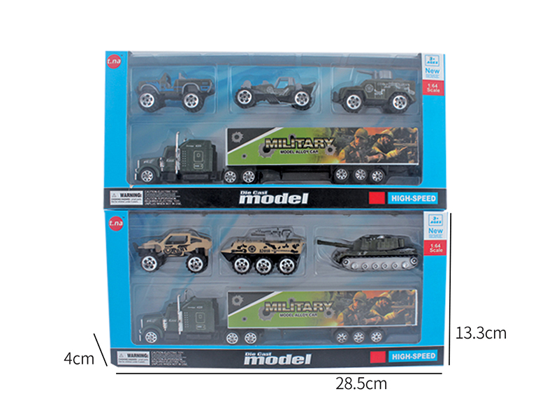 Slide Container Car With 3 Military Trucks
