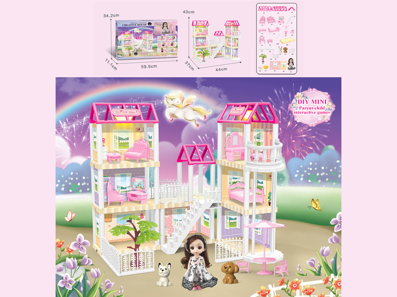 136PCS DIY Villa Toy With 6-Inch Doll With Double Light