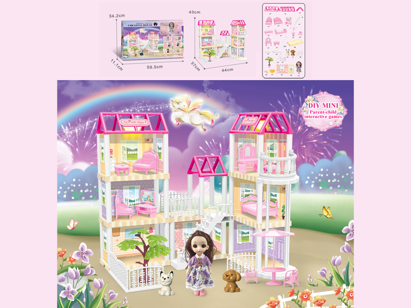 136PCS DIY Villa Toy With 6-Inch Doll With Double Light