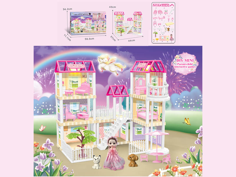 136PCS DIY Villa Toy With 6-Inch Doll With Light