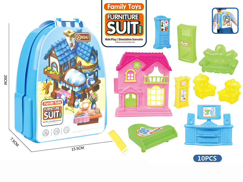Blue Backpack Furniture Villa Toys Set 10pcs