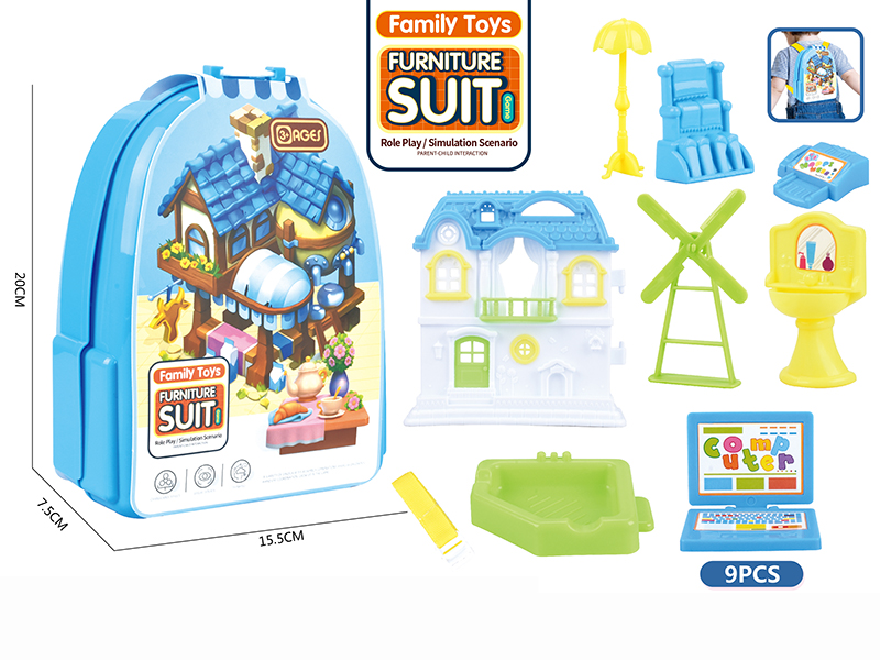 Blue Backpack Furniture Villa Toys Set 9pcs