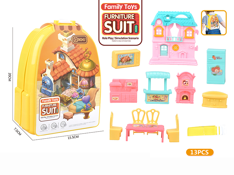 Yellow Backpack Furniture Villa Toys Set 13pcs