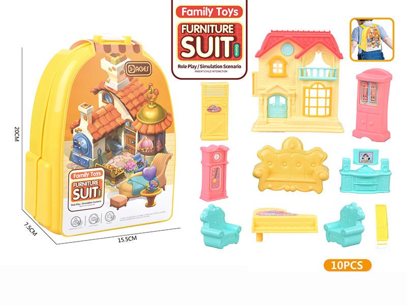Yellow Backpack Furniture Villa Toys Set 10pcs