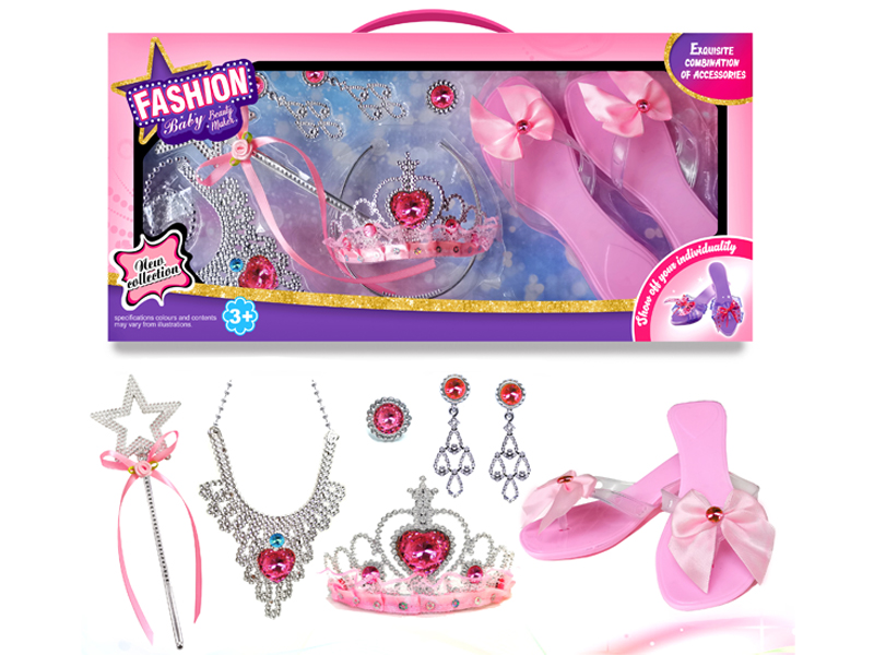 Princess Children's Shoes Crown Necklace Earrings Ring Magic Stick Jewelry Set