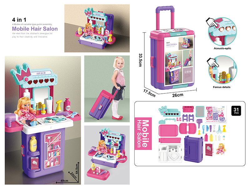 4 In 1 Mobile Hair Salon Draw-Bar Box With Light And Sound,With Doll