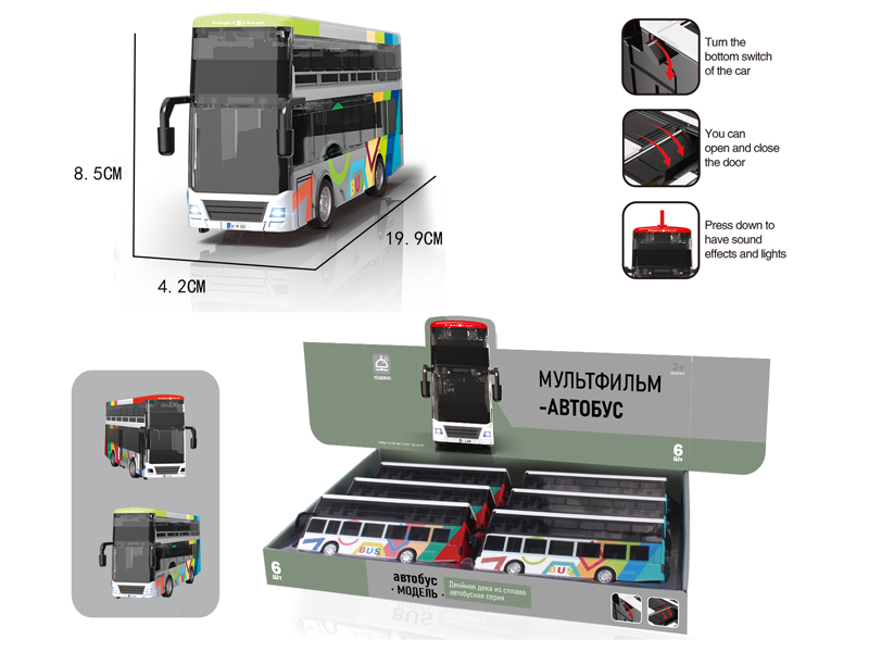 6PCS Pull Back Alloy Bus With Light And Music
