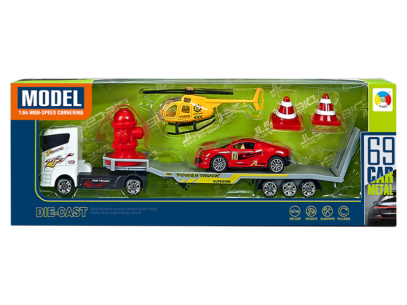 Alloy Trailer With 1 Alloy Helicopter,1 Alloy Simulated Pull Back Car