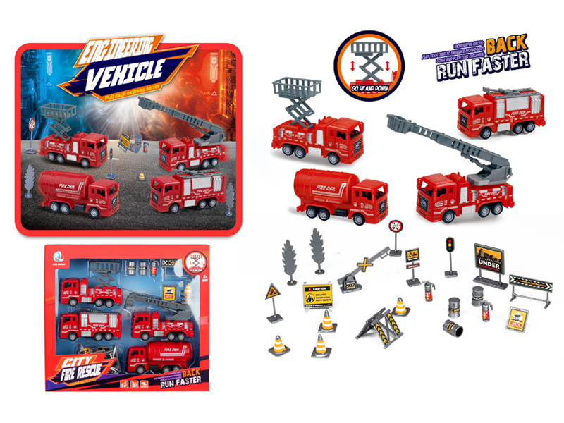 Pull Back Simulated Fire Trucks With Road Signs