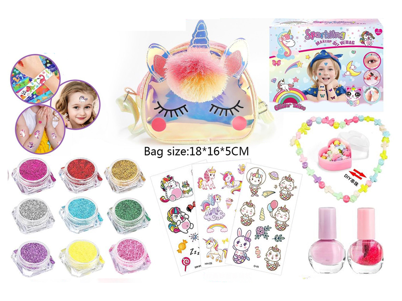 16PCS Diy Unicorn Diagonal Cross Makeup Bag With Tattoo Stickers, Glitter Powder Necklace, Beaded Nail Enhancement