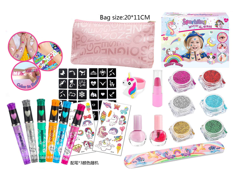 19PCS Diy Unicorn Makeup Bag With Tattoo Stickers, Glittering Powder Nail Enhancement, And 3 Pens