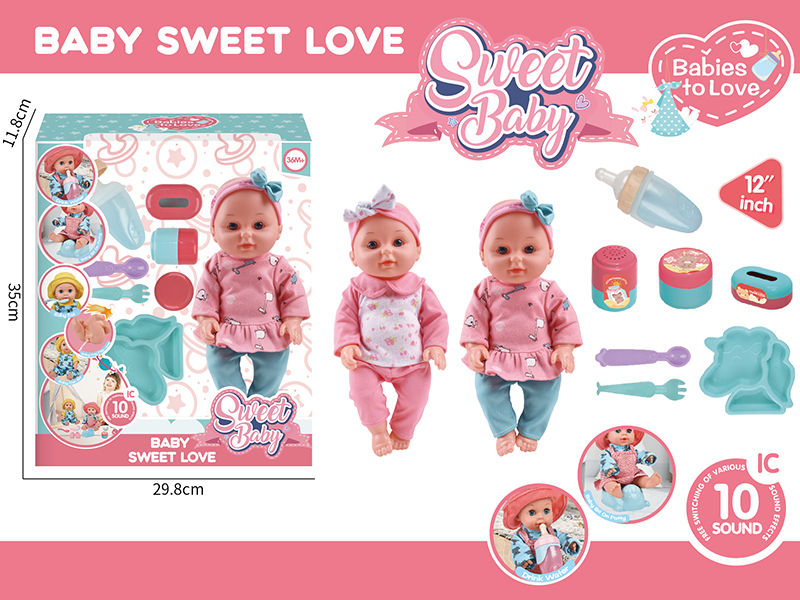 12 Inch Vinyl Doll With 10 Sound IC(Drink Water And Pee,Included Batteries) + Baby Plate + Knife + Fork + Pacifier + Feeder + Storage Bottle 3 Sets