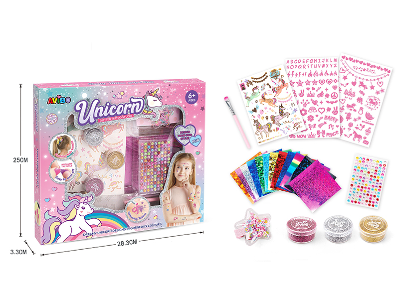Unicorn DIY Glitter Tattoo Set + Hairpin