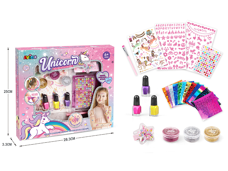 Unicorn DIY Glitter Tattoo Set + Children's Nail Polish + Hairpin