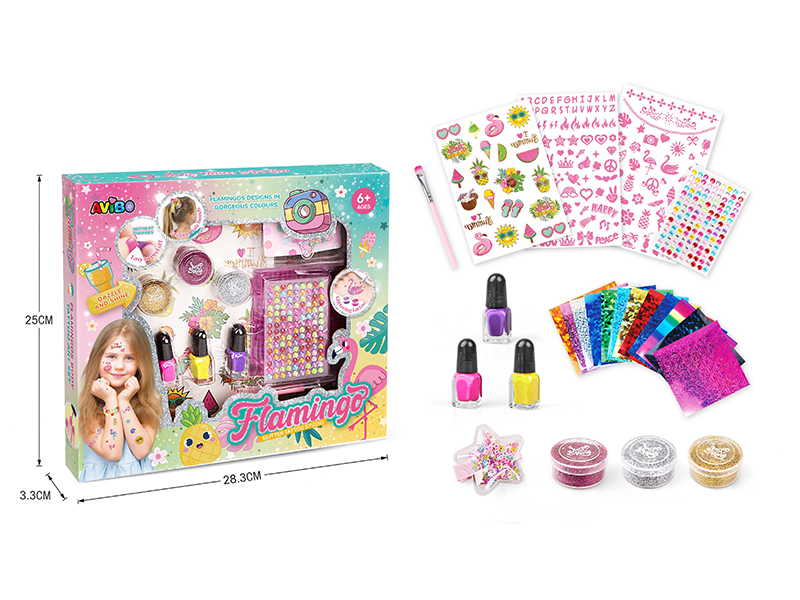 Flamingo DIY Glitter Tattoo Set + Children's Nail Polish + Hairpin