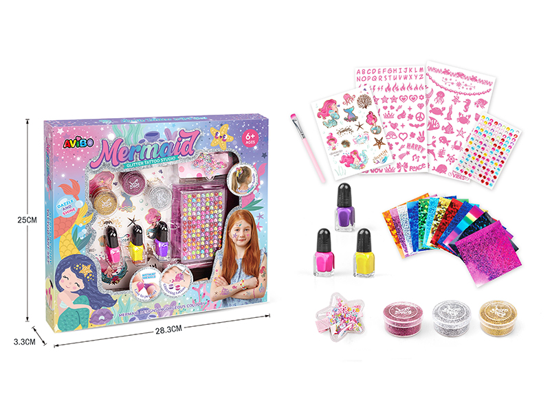 Mermaid DIY Glitter Tattoo Set + Children's Nail Polish + Hairpin