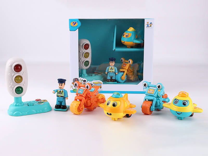Music Traffic Light + Friction Airplane + Friction Off-Road Motorcycle + Action Figure