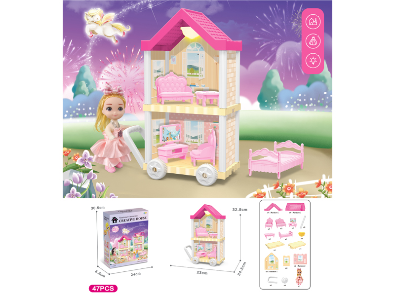 DIY Villa Toy With 4-Inch Doll With Light 47PCS