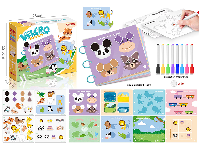 Kids Early Education Velcro Book(Happy ZOO)+8 Colour Pens