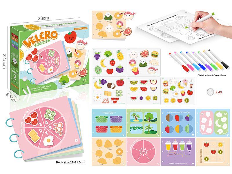 Kids Early Education Velcro Book(Delicious Food)+8 Colour Pens