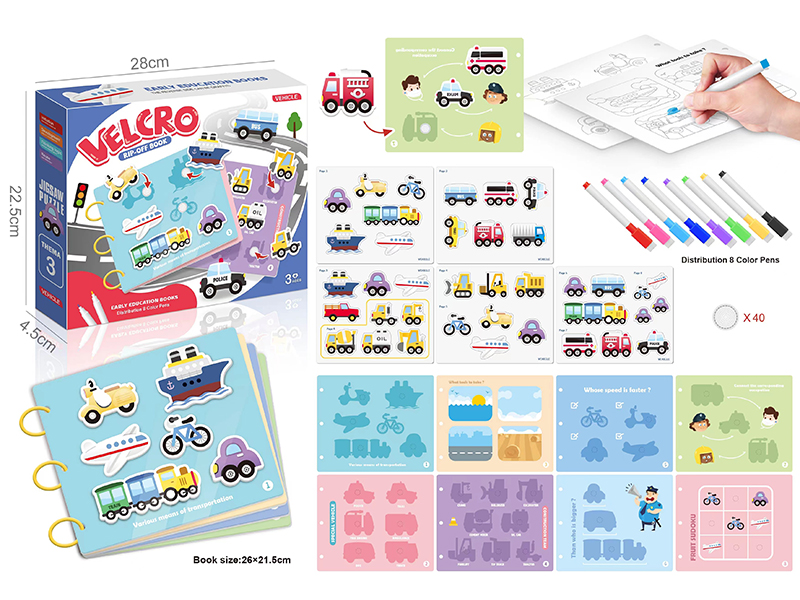 Kids Early Education Velcro Book(Various Means Of Transportation)+8 Colour Pens
