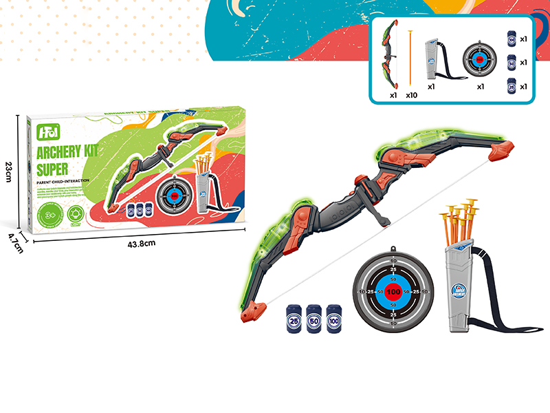 1 Bow With Lights + 10 Arrows + Quiver + Target + 3 Cans