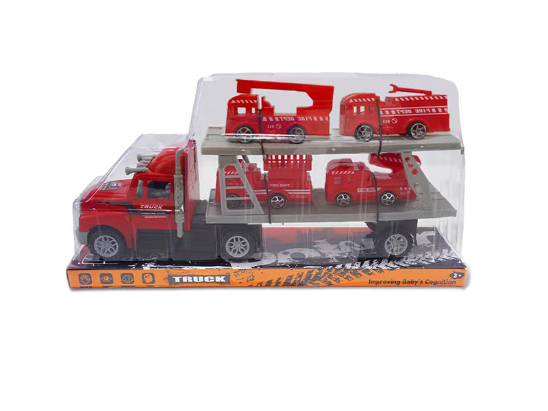 Friction Red Trailer + 4 Fire Engine