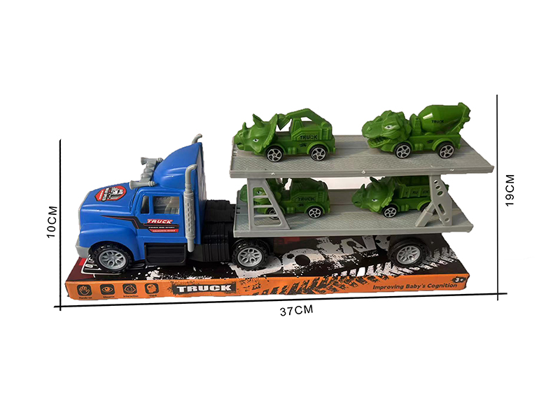 Friction Blue Trailer + 4 Dinosaur Engineering Trucks