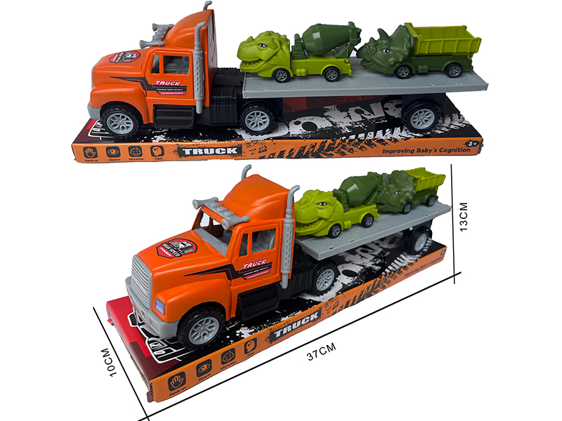 Friction Orange Trailer + 2 Dinosaur Cars