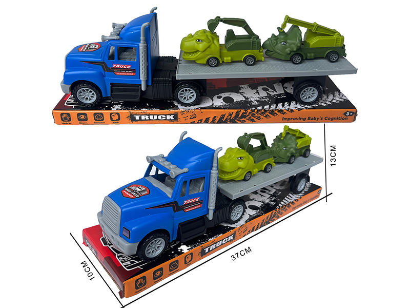 Friction Blue Trailer + 2 Dinosaur Engineering Trucks