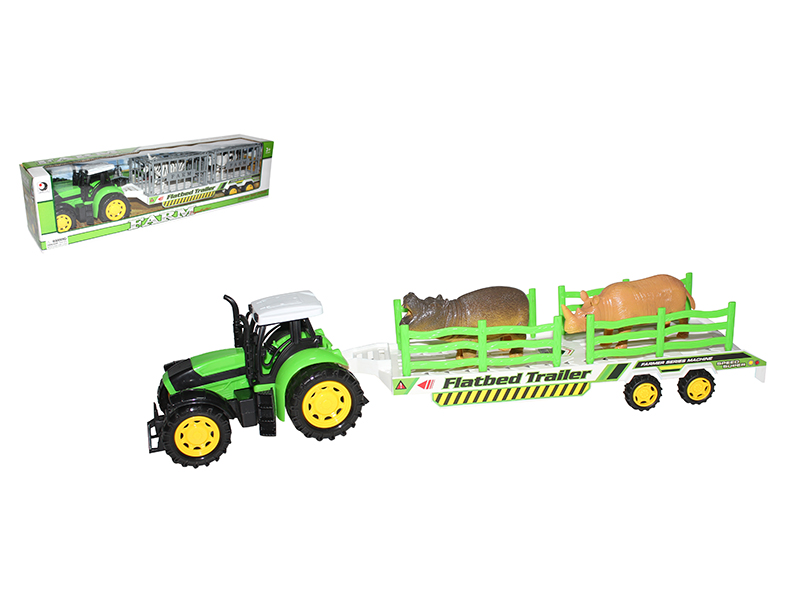 Friction Farm Tractor With Animal Flatbed Trailer(Hippo, Rhinoceros)