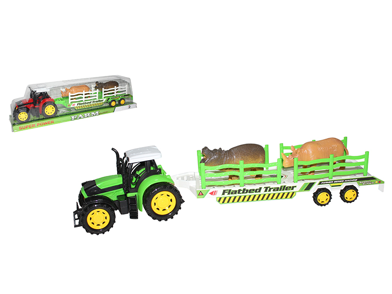 Friction Farm Tractor With Animal Flatbed Trailer(Hippo, Rhinoceros)
