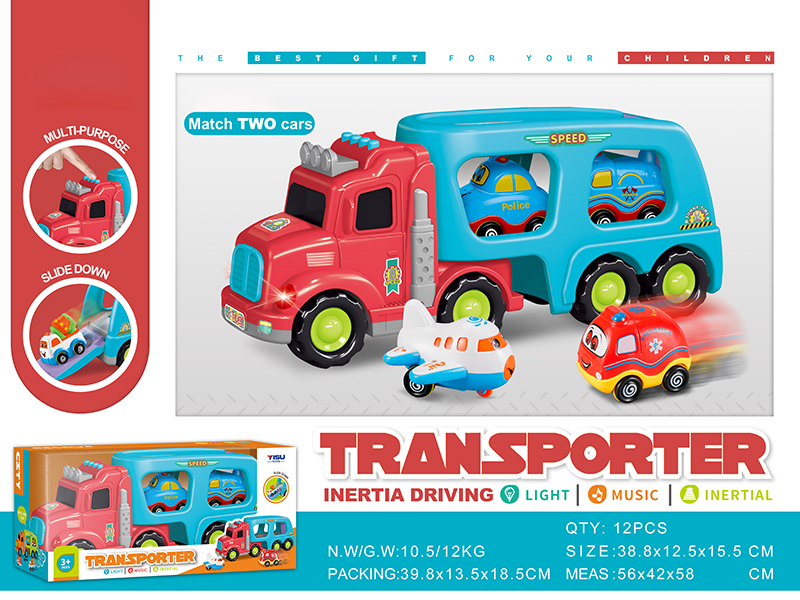 Friction Cartoon Transport Truck With 2 Friction Small Cars