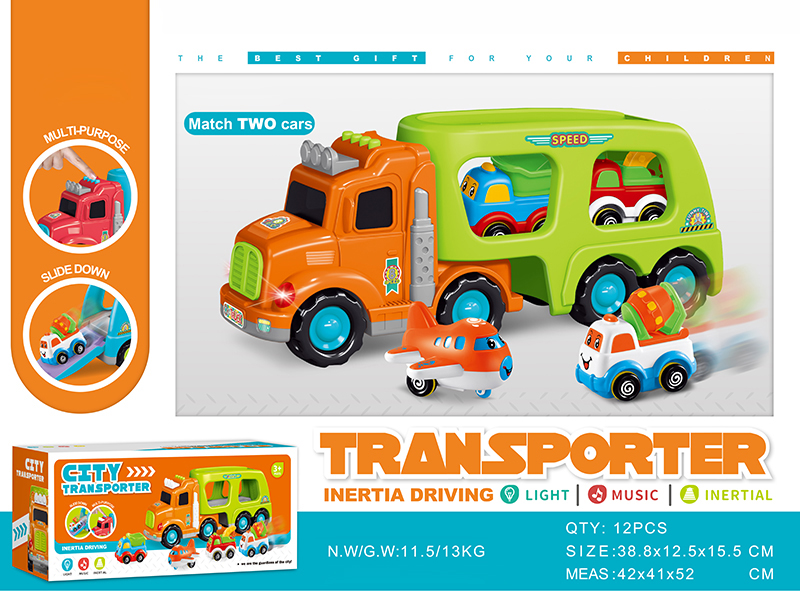 Friction Cartoon Transport Truck With 4 Friction Small Cars