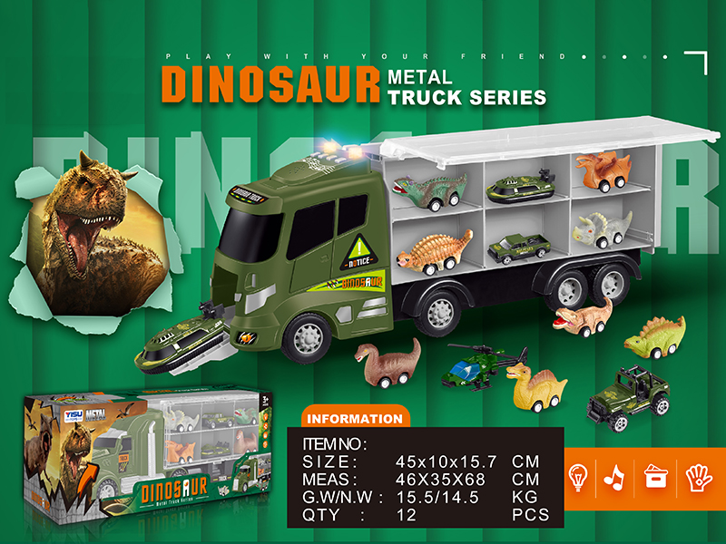 Slide Dinosaur Storage Container Truck With Lights And Music + Alloy Cars + Dinocaur Cars