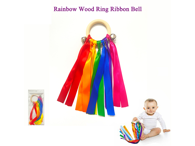 Children's Rainbow Wooden Ring Ribbon Bell