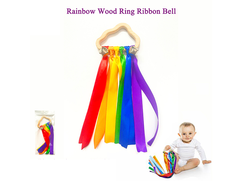 Children's Rainbow Wooden Ring Ribbon Bell