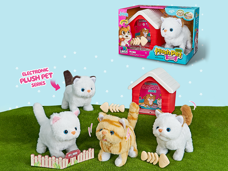 B/O Plush Small Pet Cat + Pet House + Fish Bone